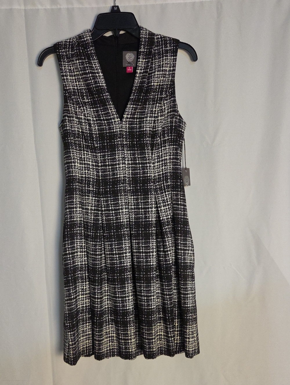 Vince Camuto Sleeveless Black and White Plaid V-Neck Dress NWT